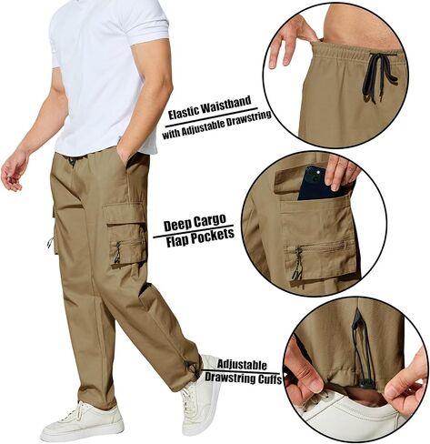 Men's Cargo Pants with Pockets Cotton Outdoor Elastic Waist Hiking Pants Casual Baggy Jogger Sweatpants in Kuwait