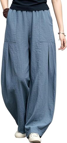 IXIMO Women's Linen Wide Leg Pants Casual Elastic Waist Loose Lantern Trousers Front Pockets in Kuwait