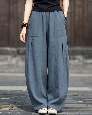 IXIMO Women's Linen Wide Leg Pants Casual Elastic Waist Loose Lantern Trousers Front Pockets in Kuwait