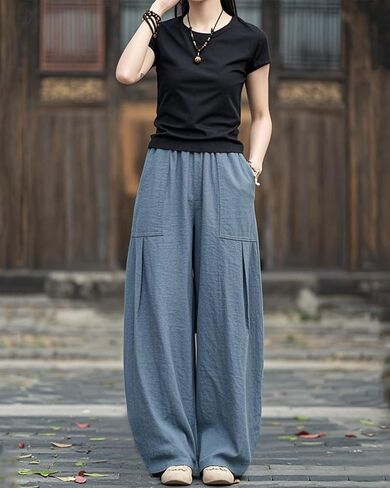 IXIMO Women's Linen Wide Leg Pants Casual Elastic Waist Loose Lantern Trousers Front Pockets in Kuwait