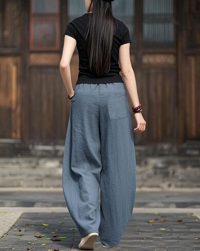 IXIMO Women's Linen Wide Leg Pants Casual Elastic Waist Loose Lantern Trousers Front Pockets in Kuwait