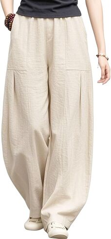 Iximo Linen Women Wide Leg Pants غير رسمية خصر مرنة سراويل فضفاضة الجيوب الأمامية in Kuwait