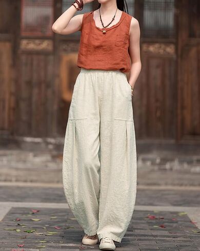 Iximo Linen Women Wide Leg Pants غير رسمية خصر مرنة سراويل فضفاضة الجيوب الأمامية in Kuwait