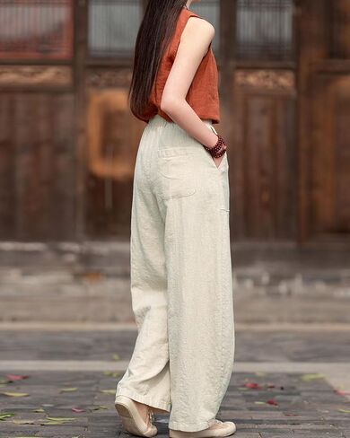 Iximo Linen Women Wide Leg Pants غير رسمية خصر مرنة سراويل فضفاضة الجيوب الأمامية in Kuwait