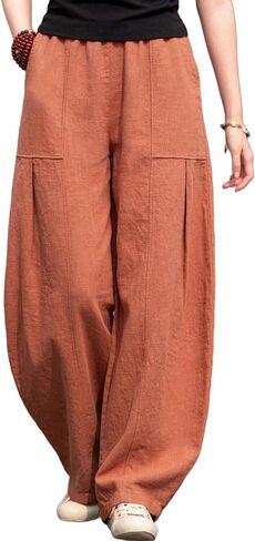 Iximo Linen Women Wide Leg Pants غير رسمية خصر مرنة سراويل فضفاضة الجيوب الأمامية in Kuwait