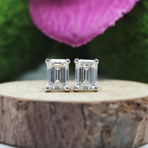 SAVEARTH DIAMONDS Lab Created Moissanite Diamond Rectangle Stud Earrings, 925 Sterling Silver with 18K Gold Plating, Jewelry Box Packed in Saudi Arabia
