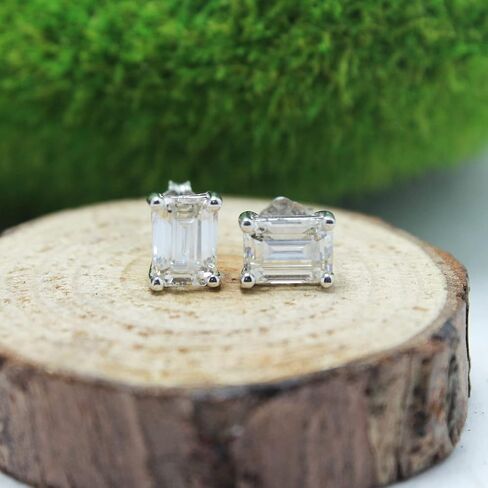 SAVEARTH DIAMONDS Lab Created Moissanite Diamond Rectangle Stud Earrings, 925 Sterling Silver with 18K Gold Plating, Jewelry Box Packed in Saudi Arabia
