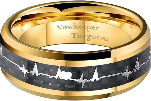 8mm Black Tungsten Men's Wedding Ring, Inlaid with Fashion Heartbeat Design, Ideal for Wedding, Engagement & Promise, Unisex Gift Ring Size 7-13 in Kuwait