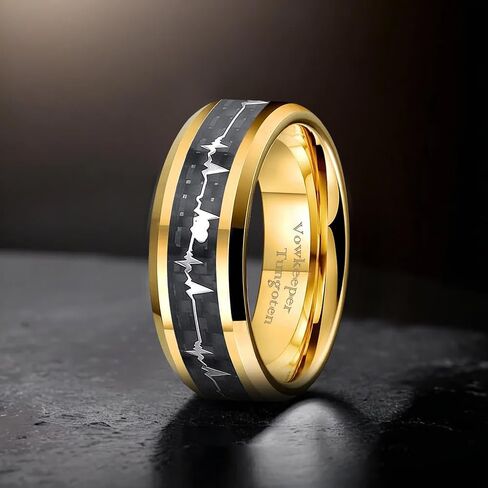 8mm Black Tungsten Men's Wedding Ring, Inlaid with Fashion Heartbeat Design, Ideal for Wedding, Engagement & Promise, Unisex Gift Ring Size 7-13 in Kuwait