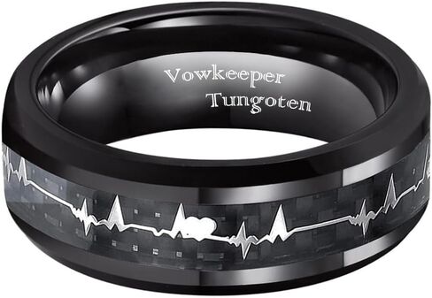 8mm Black Tungsten Men's Wedding Ring, Inlaid with Fashion Heartbeat Design, Ideal for Wedding, Engagement & Promise, Unisex Gift Ring Size 7-13 in Kuwait