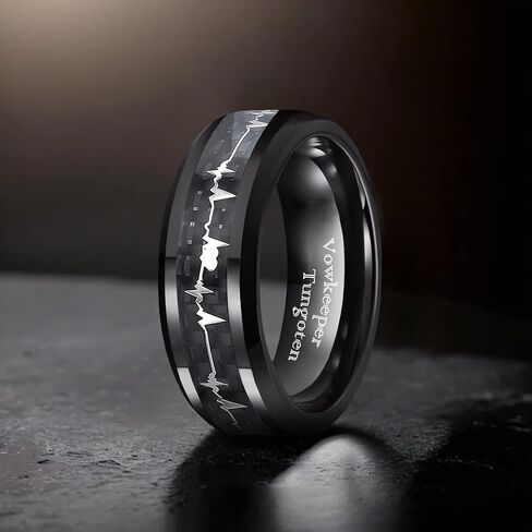 8mm Black Tungsten Men's Wedding Ring, Inlaid with Fashion Heartbeat Design, Ideal for Wedding, Engagement & Promise, Unisex Gift Ring Size 7-13 in Kuwait