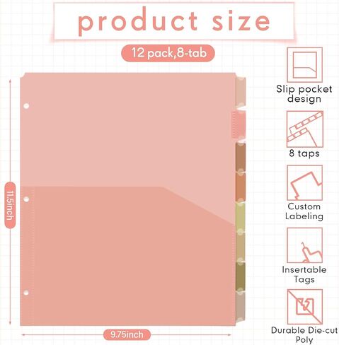 6 Sets 8-Tab Plastic Binder Dividers with Pockets - 3-Hole Punched, 9.75x11.5 Inches, Sturdy & Colorful Page Organizers for 3-Ring Binders - Office School Use (Fresh Color) in Saudi Arabia