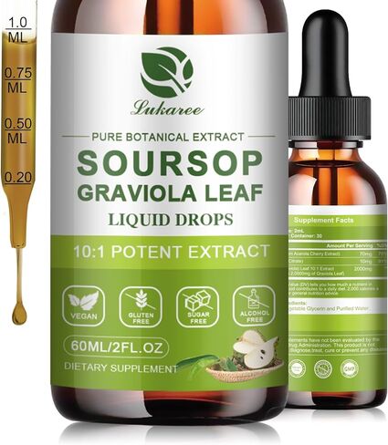 Lukaree Organic High-Potency Soursop Bitters Liquid ، 98 ٪ مستخلص الفاكهة والأوراق من المناعة ، ودعم الخلايا ، ومضادات الأكسدة ، والهضم ، وغير المعدلة وراثيًا خالية من السكر والغلوتين (2 أوقية) in Kuwait