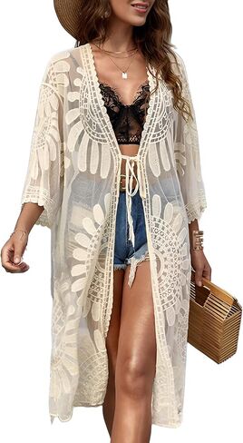 Moss Rose Womens Bathing Suit Cover Up 3/4 Sleeve Mesh Swimsuit Coverup Long Floral Beach Lace Kimono Cardigan in Kuwait