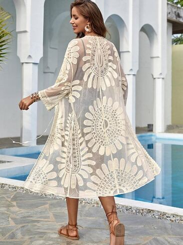 Moss Rose Womens Bathing Suit Cover Up 3/4 Sleeve Mesh Swimsuit Coverup Long Floral Beach Lace Kimono Cardigan in Kuwait