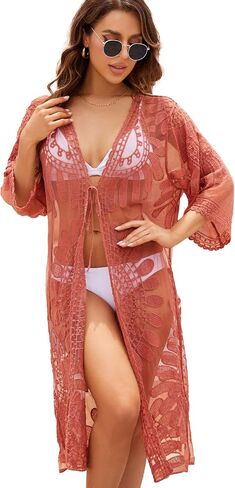 Moss Rose Womens Bathing Suit Cover Up 3/4 Sleeve Mesh Swimsuit Coverup Long Floral Beach Lace Kimono Cardigan in Kuwait