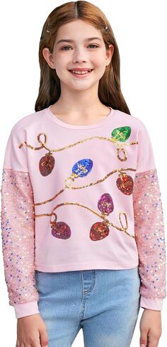 BesserBay Girls Christmas Long Sleeve Funny Shirt Sequin Patchwork Crop Tops 6-14 Years in Saudi Arabia