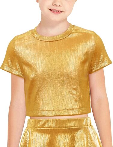 Happy Cherry Kids Girls Shiny Metallic Short Sereve T-Shirt Hip Hop Jazz Dance Tops Performance Wurchly Dancewear in Saudi Arabia