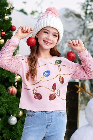 BesserBay Girls Christmas Long Sleeve Funny Shirt Sequin Patchwork Crop Tops 6-14 Years in Saudi Arabia