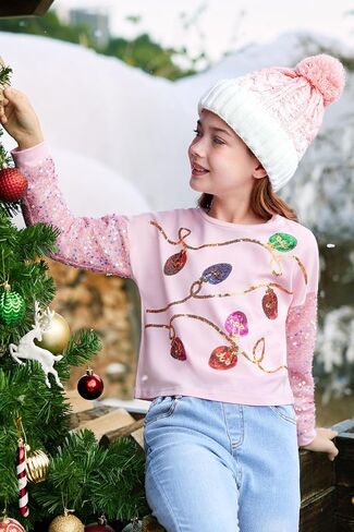 BesserBay Girls Christmas Long Sleeve Funny Shirt Sequin Patchwork Crop Tops 6-14 Years in Saudi Arabia