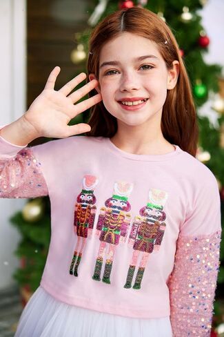 Besserbay Girls Christmas Long Long Sleeve Funny Shirt Sequin Patchwork Batwork Burs Tops 6-14 Years in Kuwait