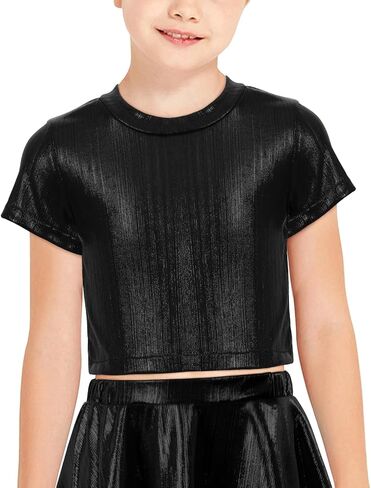 Happy Cherry Kids Girls Shiny Metallic Short Sereve T-Shirt Hip Hop Jazz Dance Tops Performance Wurchly Dancewear in Kuwait