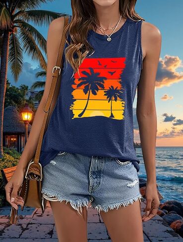 Beach Tank Tops for Women Summer Casual Sleeveless Hawaiian Graphic Print Beach Vacation Tank Tee in Saudi Arabia