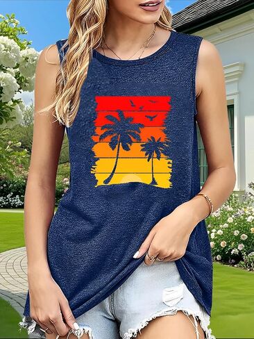Beach Tank Tops for Women Summer Casual Sleeveless Hawaiian Graphic Print Beach Vacation Tank Tee in Saudi Arabia