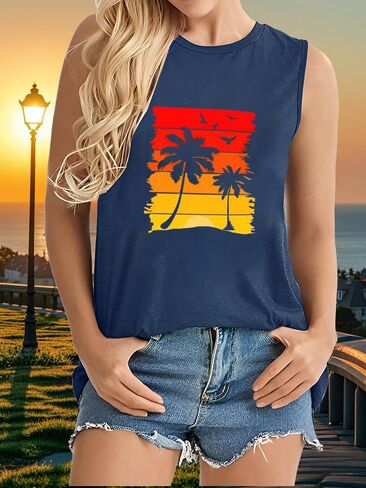 Beach Tank Tops for Women Summer Casual Sleeveless Hawaiian Graphic Print Beach Vacation Tank Tee in Saudi Arabia