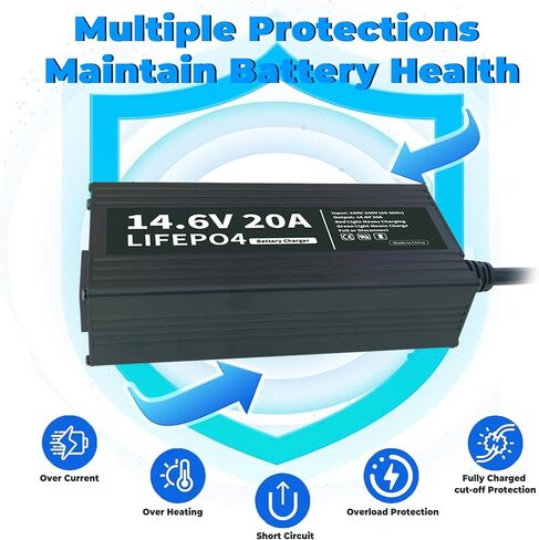 12V 20A Lithium LiFePO4 Battery Charger, 14.6V AC-DC Smart Charger Special for Deep Cycle Rechargeable LiFePO4 Batteries in Kuwait