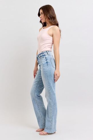 جودي الأزرق منتصف الارتفاع ضوء غسل الجينز جينز للنساء الدنيم مطار | 34 "inseam | جينز ساق مستقيمة عصرية -88926 in Saudi Arabia