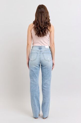 جودي الأزرق منتصف الارتفاع ضوء غسل الجينز جينز للنساء الدنيم مطار | 34 "inseam | جينز ساق مستقيمة عصرية -88926 in Saudi Arabia