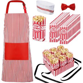 SATINIOR 204 Pcs 1950s Adult Popcorn Waiter Costume Paper Popcorn Bags Red White Striped Apron Chef Hat Bow Tie and Snack Tray for Movie Night Carnival Circus Birthday Party in Kuwait