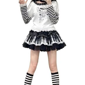 نساء مطوية y2k تنورة لطيفة مرنة الخصر الأسود والأبيض مفتاح البيانو العصري بولكا نقطة الدانتيل تنورة لوتس in Kuwait