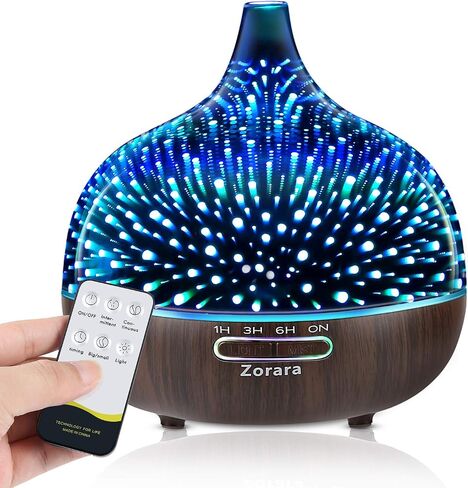 Essential Oil Diffuser 550ml Cool Mist Humidifier 3D Glass Ultrasonic Aromatherapy Humidifier with 7 Color Changing Led Lights, Waterless Auto Shut-Off, Adjustable Timer for Home Bedroom Office in Saudi Arabia