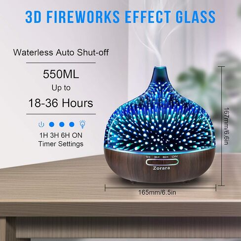 Essential Oil Diffuser 550ml Cool Mist Humidifier 3D Glass Ultrasonic Aromatherapy Humidifier with 7 Color Changing Led Lights, Waterless Auto Shut-Off, Adjustable Timer for Home Bedroom Office in Saudi Arabia