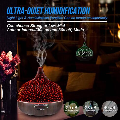 Essential Oil Diffuser 550ml Cool Mist Humidifier 3D Glass Ultrasonic Aromatherapy Humidifier with 7 Color Changing Led Lights, Waterless Auto Shut-Off, Adjustable Timer for Home Bedroom Office in Saudi Arabia
