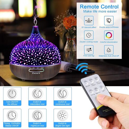 Essential Oil Diffuser 550ml Cool Mist Humidifier 3D Glass Ultrasonic Aromatherapy Humidifier with 7 Color Changing Led Lights, Waterless Auto Shut-Off, Adjustable Timer for Home Bedroom Office in Saudi Arabia