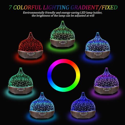 Essential Oil Diffuser 550ml Cool Mist Humidifier 3D Glass Ultrasonic Aromatherapy Humidifier with 7 Color Changing Led Lights, Waterless Auto Shut-Off, Adjustable Timer for Home Bedroom Office in Saudi Arabia