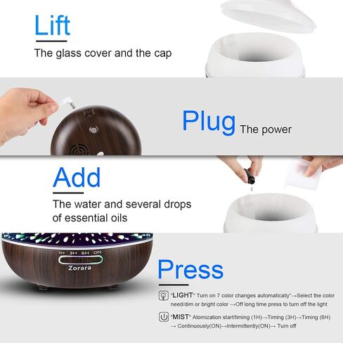 Essential Oil Diffuser 550ml Cool Mist Humidifier 3D Glass Ultrasonic Aromatherapy Humidifier with 7 Color Changing Led Lights, Waterless Auto Shut-Off, Adjustable Timer for Home Bedroom Office in Saudi Arabia