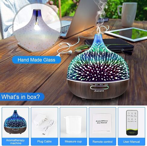 Essential Oil Diffuser 550ml Cool Mist Humidifier 3D Glass Ultrasonic Aromatherapy Humidifier with 7 Color Changing Led Lights, Waterless Auto Shut-Off, Adjustable Timer for Home Bedroom Office in Saudi Arabia