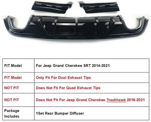 Rear Bumper Diffuser 3Pcs for Jeep Grand Cherokee SRT 2014 2015 2016 2017 2018 2019 2020 2021 Rear Lower Bumper Lip Diffuser Spoiler (Glossy Black) in Saudi Arabia