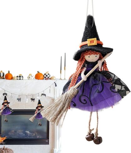 Hangable Witch Doll Ornament | Halloween Small Witch Figurine with Gauze Skirt,Sorceress Doll with Broom,Halloween Hanging Decoration,for Haunted House Room Door and Window Decoration in Saudi Arabia