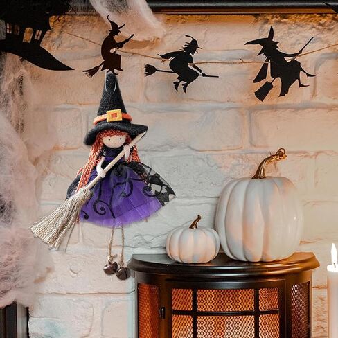Hangable Witch Doll Ornament | Halloween Small Witch Figurine with Gauze Skirt,Sorceress Doll with Broom,Halloween Hanging Decoration,for Haunted House Room Door and Window Decoration in Saudi Arabia