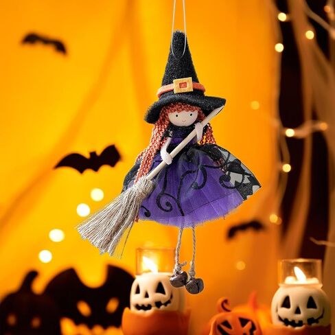 Hangable Witch Doll Ornament | Halloween Small Witch Figurine with Gauze Skirt,Sorceress Doll with Broom,Halloween Hanging Decoration,for Haunted House Room Door and Window Decoration in Saudi Arabia