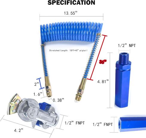 15 FT Air Brake Line Hose Coil Assembly with Glad Hands &Rubber Seals & Grips for Semi Truck Air Line Blue & Red Trailer Hoses 1/2" NPT Fittings with 12" leads in Saudi Arabia
