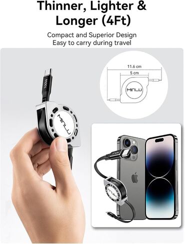 Retractable USB C to USB C Cable(4ft, 2Pack),100W USB C to C Fast Charging Cord, Type C Charger Cable for iPhone 16/15 Series Samsung Galaxy S24 S21 S10 Note 10 MacBook iPad Kindle More in Kuwait