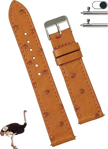 20mm Flat Tan Ostrich Leather Watch Band Men Quick Release Handmade Leather Strap, Slim Replacement Wristband Stainless Steel Buckle, Christmas Father's Day Gift for Dad Husband DH-NO-182-20MM in Saudi Arabia