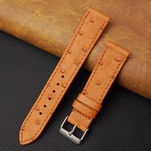 20mm Flat Tan Ostrich Leather Watch Band Men Quick Release Handmade Leather Strap, Slim Replacement Wristband Stainless Steel Buckle, Christmas Father's Day Gift for Dad Husband DH-NO-182-20MM in Saudi Arabia