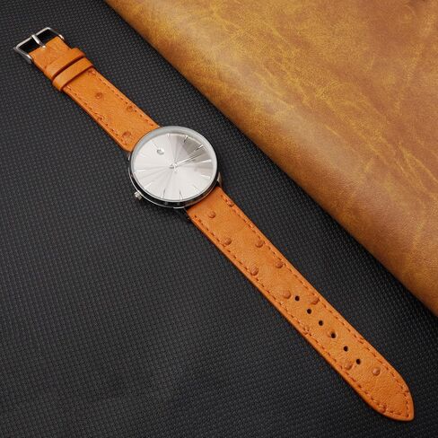 20mm Flat Tan Ostrich Leather Watch Band Men Quick Release Handmade Leather Strap, Slim Replacement Wristband Stainless Steel Buckle, Christmas Father's Day Gift for Dad Husband DH-NO-182-20MM in Saudi Arabia